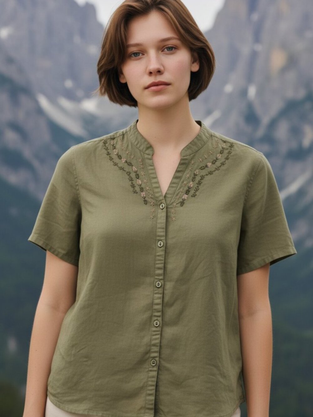 Y2K Vintage Basic Editions Top 1X Womens Sage Green Floral Embroidered Blouse